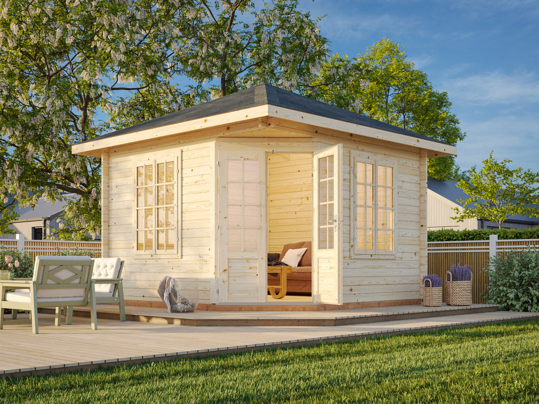 Natural Wooden 9x9 Cabin Aruba, Double Glass Doors, Two Double side Windows and Black Roof assembled in BackYard by WholeWoodCabins