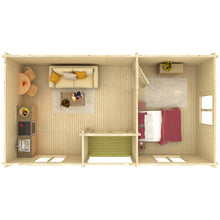 Load image into Gallery viewer, A 3D rendering of the interior of the Cabin New Zealand 343 Sq.ft, featuring a cozy layout with a living area, dining space, and bedroom. The wooden finishes create a warm, inviting atmosphere
