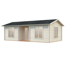 Load image into Gallery viewer, A 3D exterior rendering of the Cabin New Zealand 343 Sq.ft against a white background, showcasing its clean, classic design with multiple large windows and a black shingled roof.
