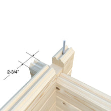 Load image into Gallery viewer, Close-up view of the corner construction for the Emily 400 cabin, showcasing precise notching and interlocking design with a metal rod for added stability.
