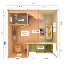 Load image into Gallery viewer, Emily 400 cabin floor plan with measurements, providing detailed dimensions for each room and overall structure
