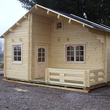 Load image into Gallery viewer, Front-facing view of the Emily 400 cabin, displaying the entrance, porch area, and symmetrical windows.
