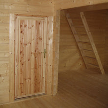 Load image into Gallery viewer, Interior detail of the Emily 400 cabin, featuring the wooden doorway and loft ladder leading to the upper area.
