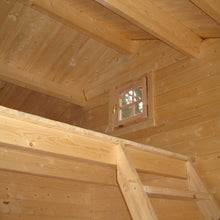 Load image into Gallery viewer, Loft area of the Emily 400 cabin with a small wooden window, highlighting the upper space&#39;s cozy and functional design.
